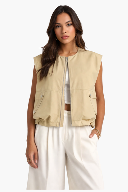 Gilet Femme Sans Manches Zippé – Veste Courte Élégante Style Utility