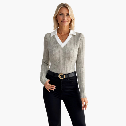 Pull Femme à Col Chemise – Élégance Casual Ajustée