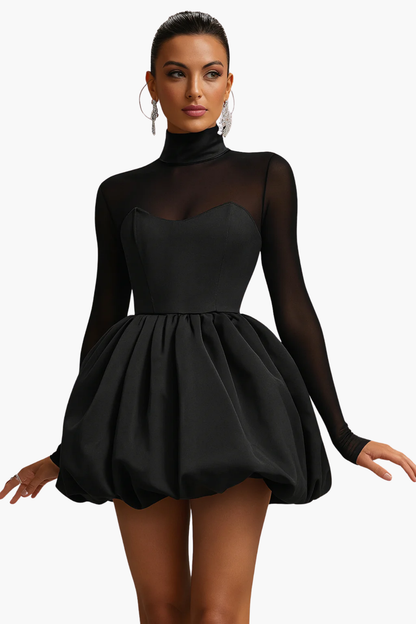 Robe Courte Femme Élégante – Col Haut en Maille Transparente et Jupe Boule