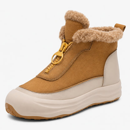Bottines chunky en cuir véritable doublées fourrure, coloris camel, vue de profil sur fond blanc studio