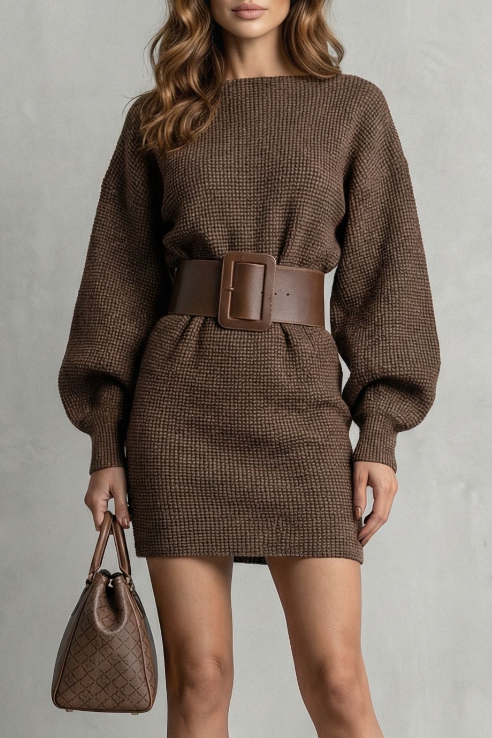 Robe courte structurée en maille marron ceinturée, vue de face
