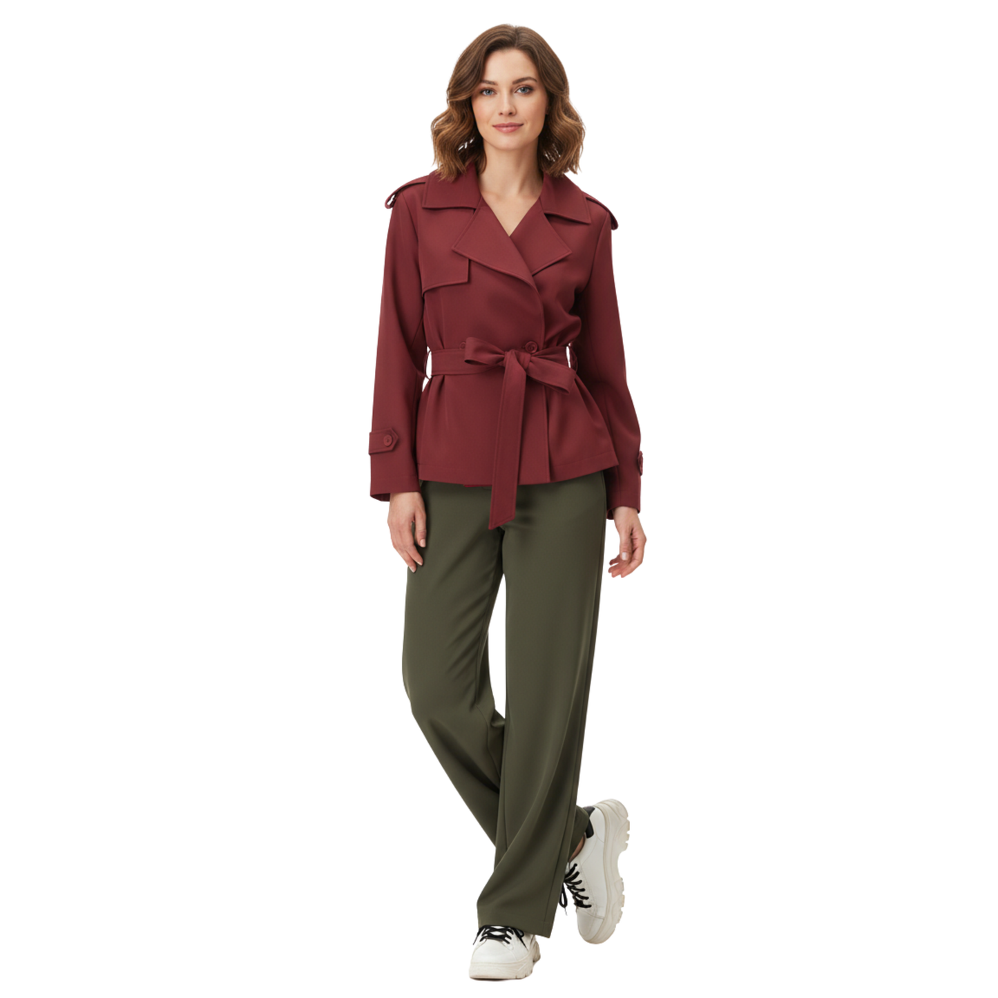 trench-coat court en polyester pour femme, vue de trois quarts