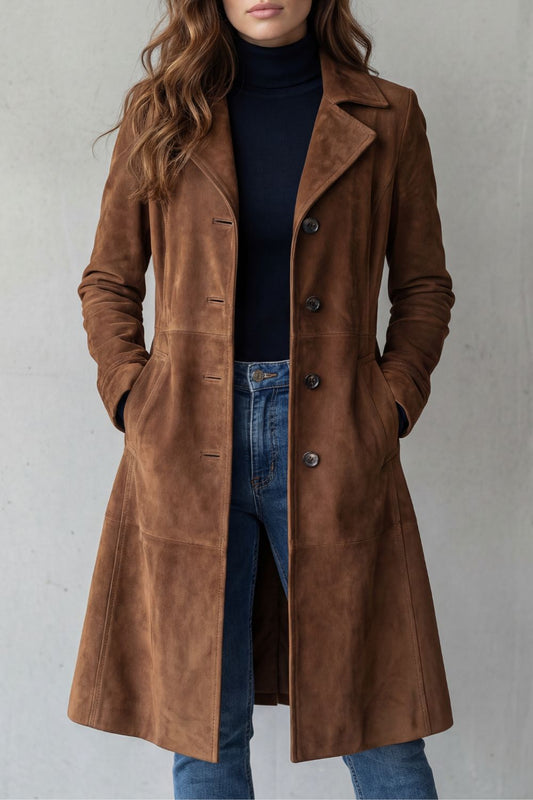 Manteau long vintage effet cuir marron, vue de face