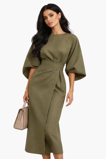 Robe midi élégante femme taille ceinturée manches larges robe chic moderne