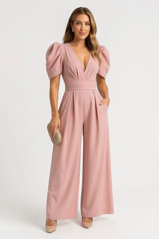 Combinaison Femme Élégante – Col V avec Manches Bouffantes et Jambes Larges