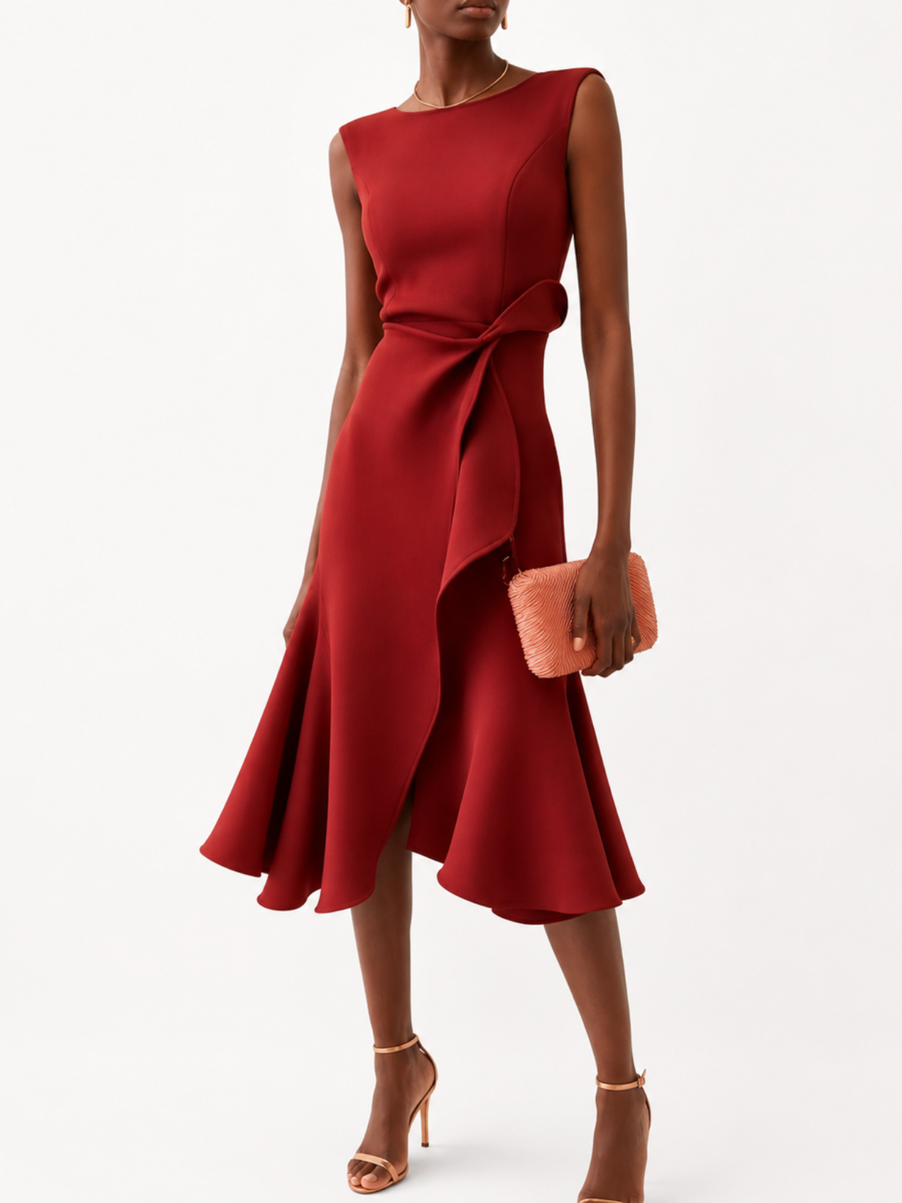 Robe Midi Femme Satinée Drapée – Sans Manches & Évasée | Cérémonie & Invitée Mariage Chic