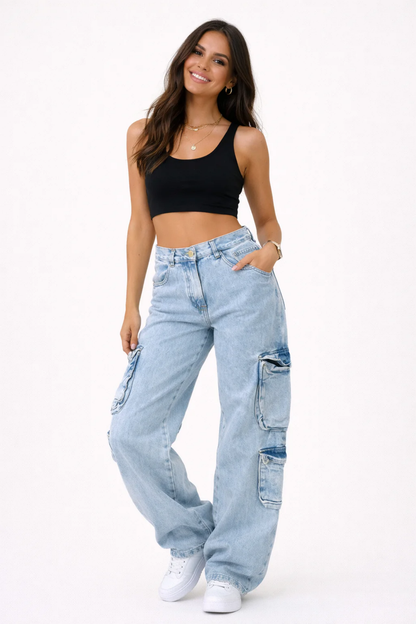 Jean cargo baggy femme taille haute