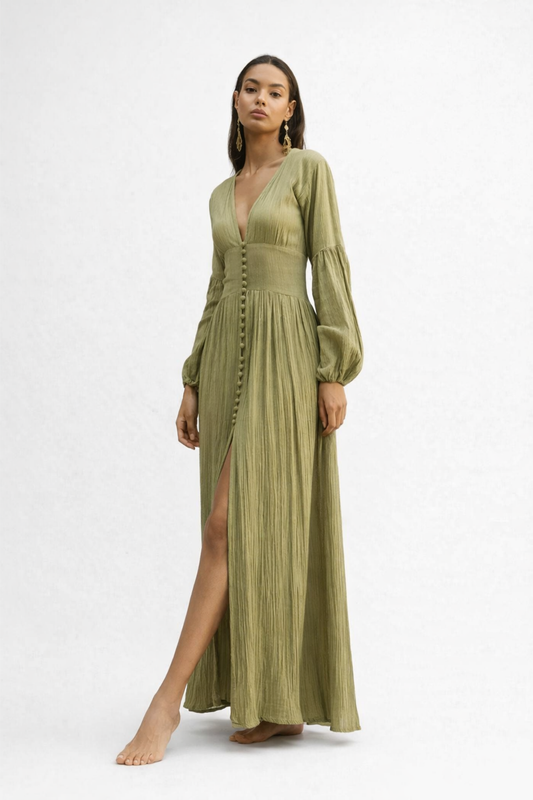 Robe Longue Femme Col V – Robe Fluide Élégante À Manches Longues