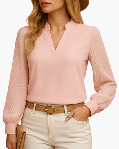 Top femme col en V avec manches à motif structuré