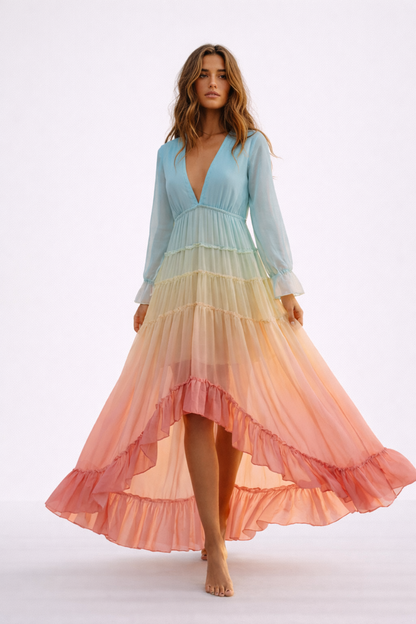 Robe Longue Femme Bohème Volantée – Robe Fluide Col V à Ourlet Asymétrique