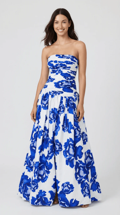 Robe Longue Femme Imprimé Floral Bleu & Blanc Sans Bretelles
