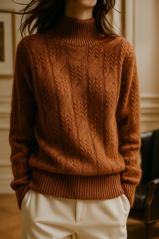 Pull femme maille torsadée terracotta à col mi-haut, vue de face