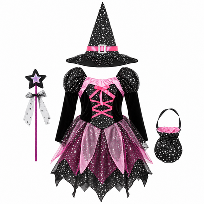 Ensemble de sorcière 4 pièces avec détail du chapeau et de la baguette
