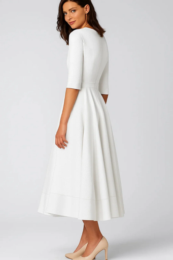 Robe Midi Évasée Femme Col V – Manches 3/4 & Volume Flatteur | Cocktail & Mariage Chic