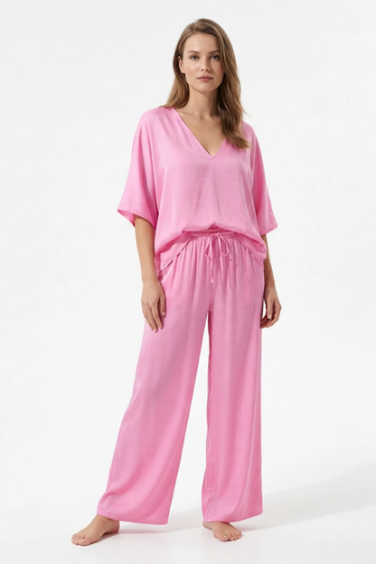 Ensemble Femme 2 Pièces Haut Col V & Pantalon Large Fluide – Tenue Élégante | Invitée de Mariage