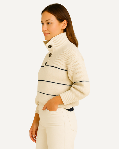 Pull Femme Rayé à Col Boutonné – Confort Doux & Style Chic