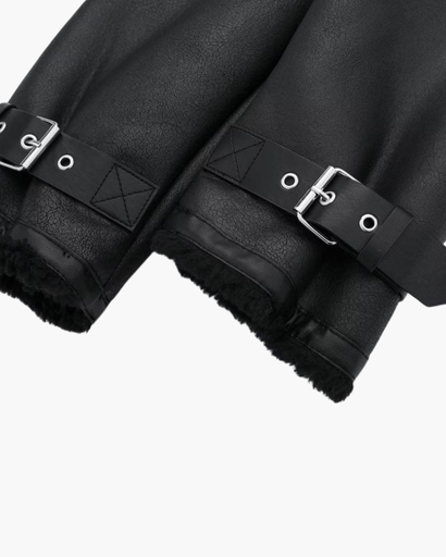 Veste Femme Biker en Cuir Synthétique à Col Moutonné