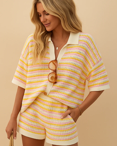 Ensemble Deux Pièces Rayé Femme – Blouse & Short Lin | Style Estival & Décontracté