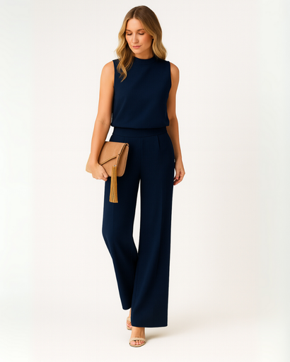 Ensemble femme pantalon large et haut élégant, vue de dos