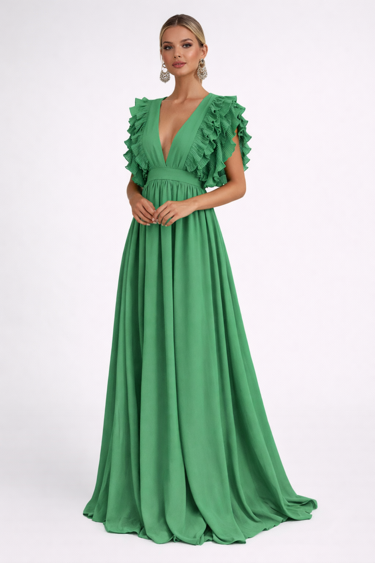Robe Longue Femme Élégante – Décolleté Plongeant et Volants Romantiques