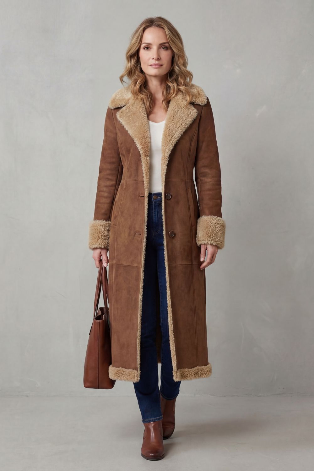 Manteau long femme marron doublé peau de mouton, vue de face