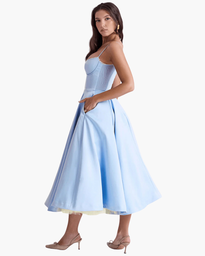 Robe Midi Corset Femme – Coupe Cintrée & Évasée | Cérémonie & Invitée Mariage Chic