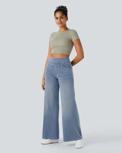 Jean Femme Taille Haute Élastique | Coupe Large et Confort Moderne