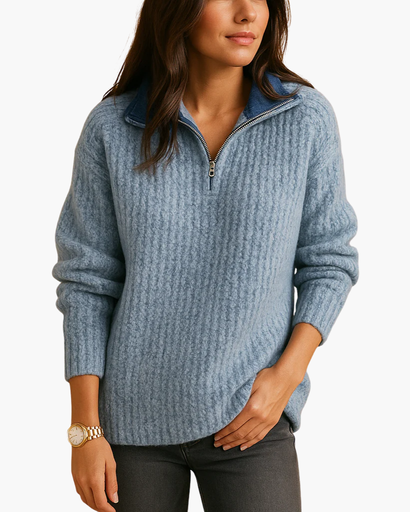 Pull côtelé avec demi-zip et col montant pour femme