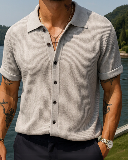 Polo blouse pour homme – Tricot côtelé à manches courtes