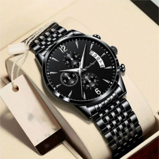 Montre Homme Élégante – Acier Inoxydable Noir & Détails Dorés