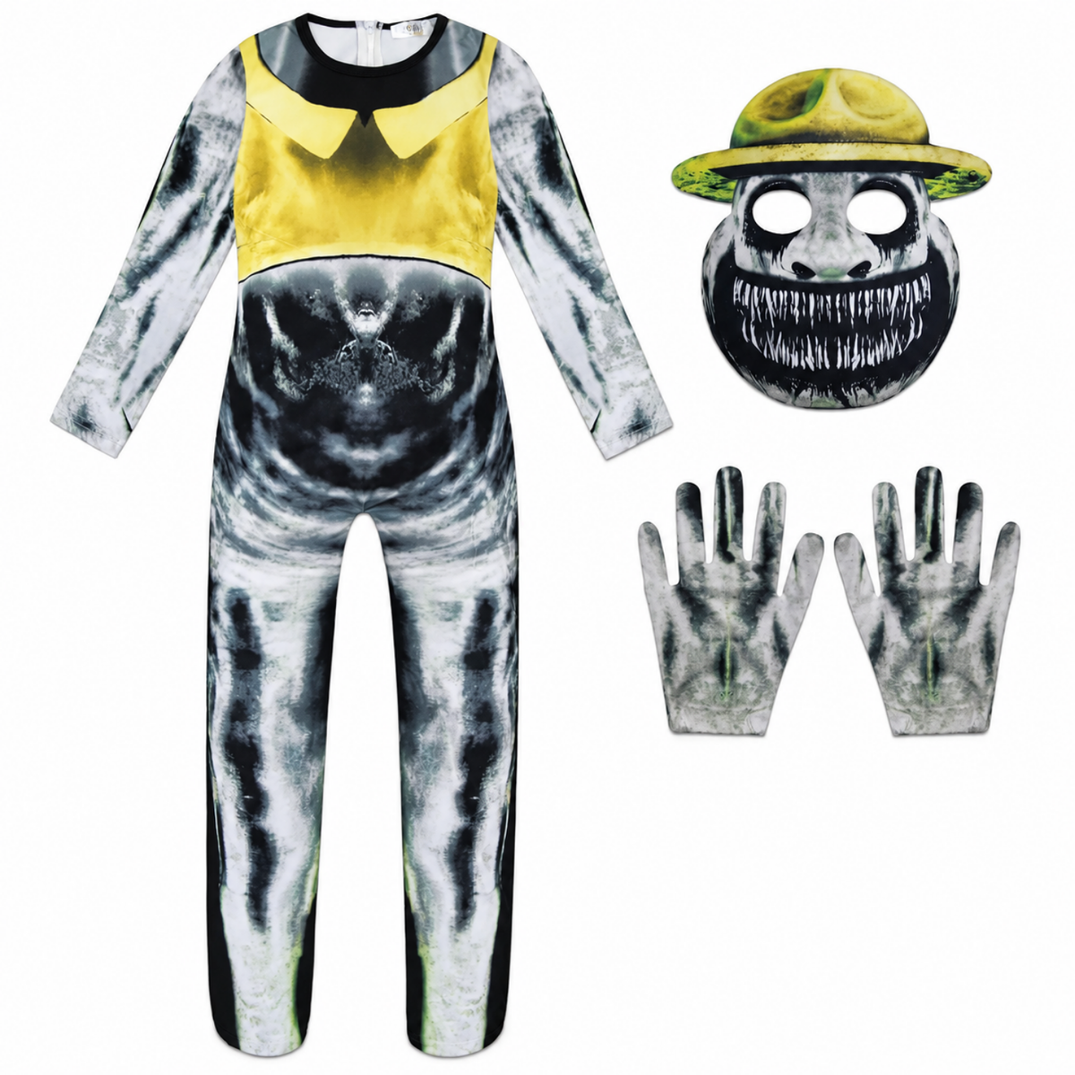 Costume créature des marais, détail du masque et des gants