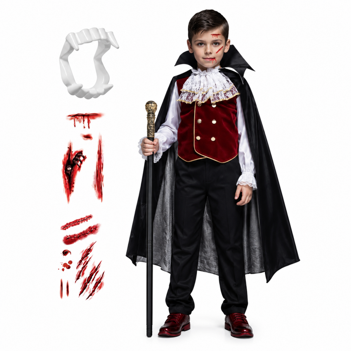 Ensemble déguisement vampire pour garçon, coloris rouge, vue de face