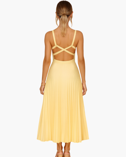 Robe Midi Femme Col V Jupe Plissée – Structurée & Évasée | Cérémonie & Cocktail Élégant