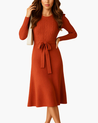 Robe midi en maille avec ceinture et manches longues pour femme