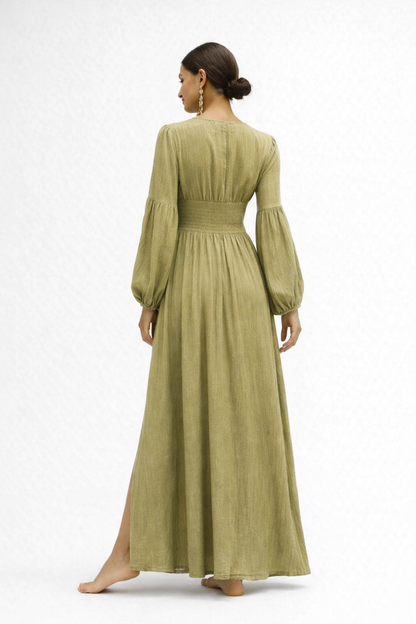 Robe Longue Femme Col V – Robe Fluide Élégante À Manches Longues