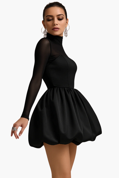 Robe Courte Femme Élégante – Col Haut en Maille Transparente et Jupe Boule