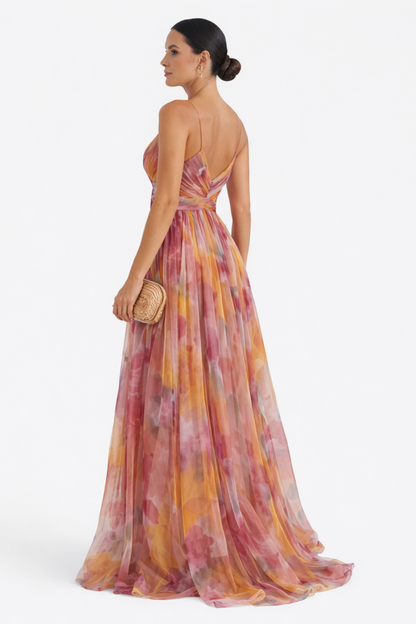 Robe longue élégante femme décolleté v bretelles fines robe soirée fluide imprimé violet