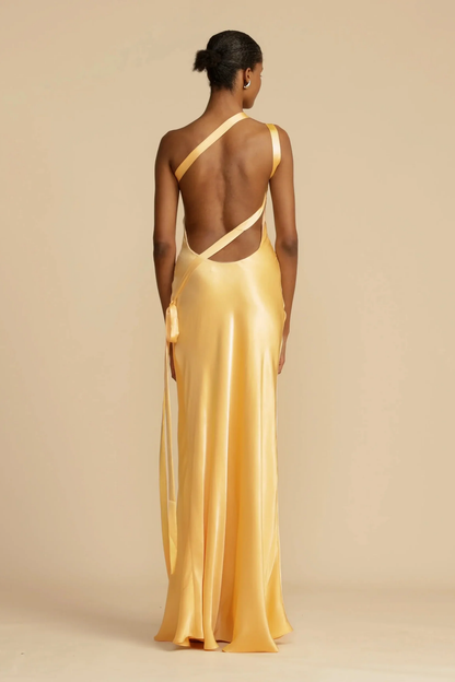 Robe Longue Femme Satinée – Robe Élégante Asymétrique à Une Épaule