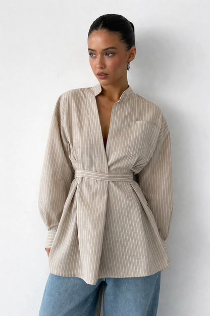 Blouse Femme Rayée à Ceinture – Coupe Fluide Élégante à Manches Longues