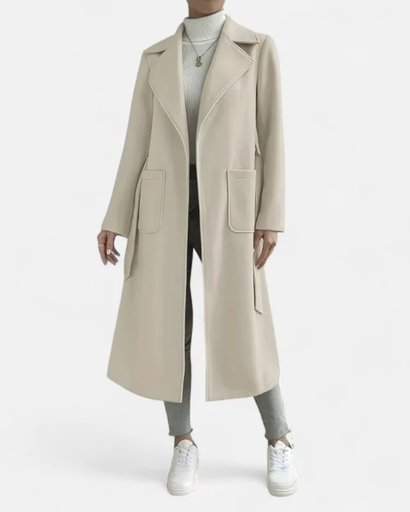 Trench Long Femme – Manteau Élégant avec Col Revers et Poches Latérales