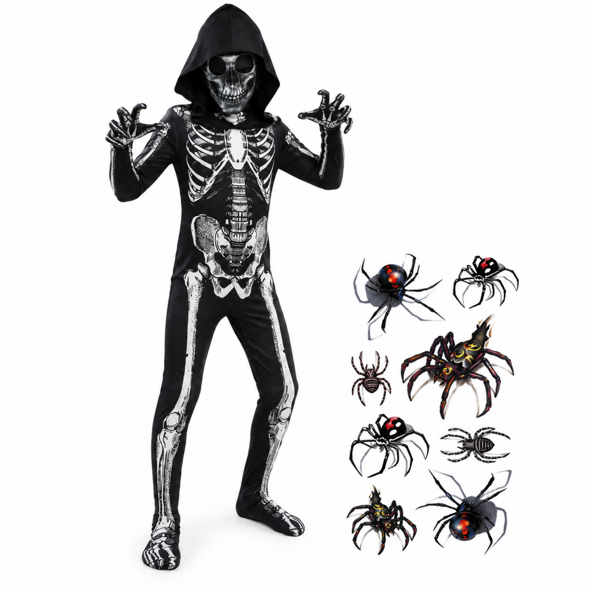 Costume de squelette pour enfant, vue de dos avec autocollants araignée
