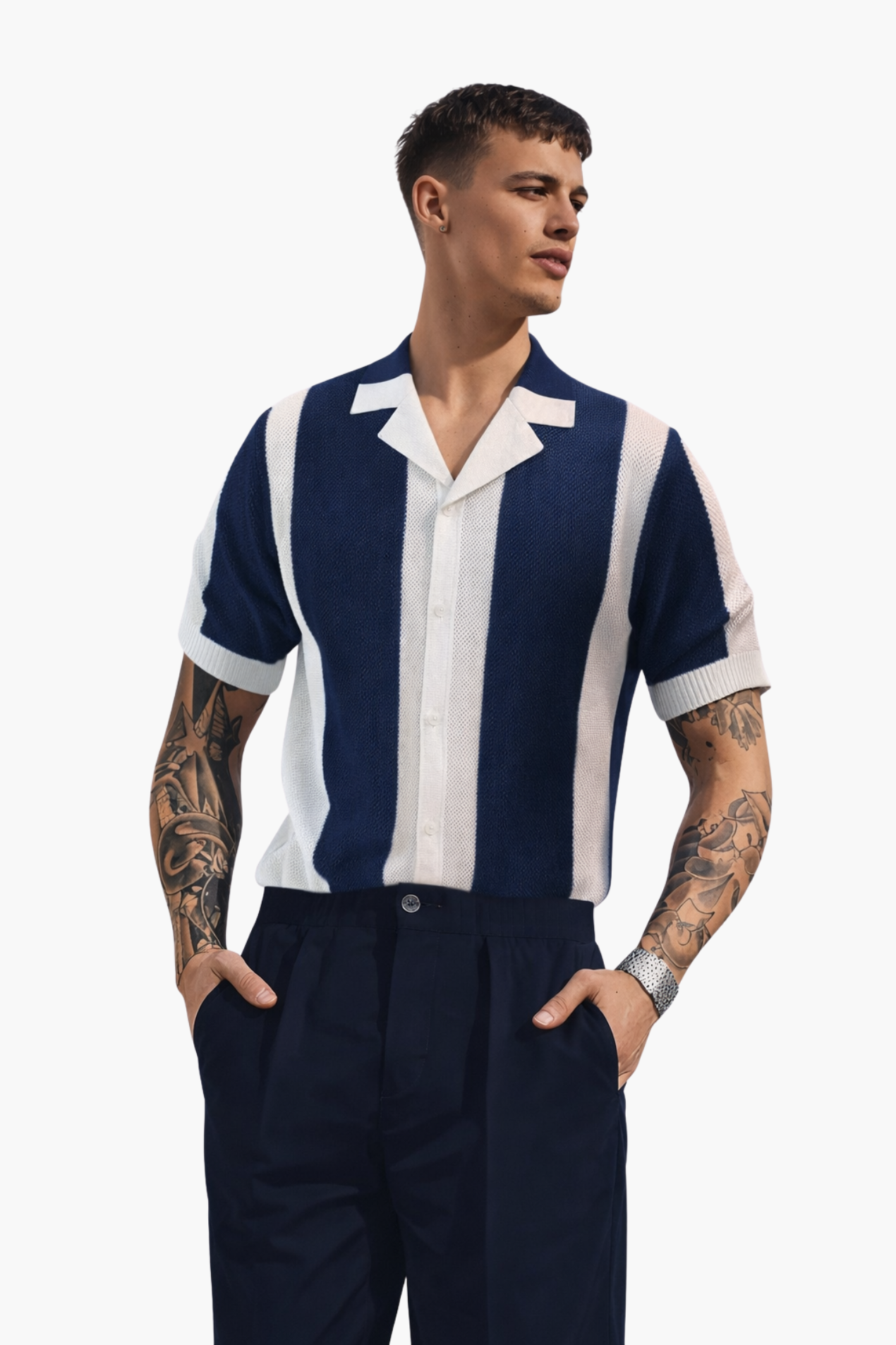 Chemise Homme Tricotée Rayée – Style Resort Élégant à Manches Courtes