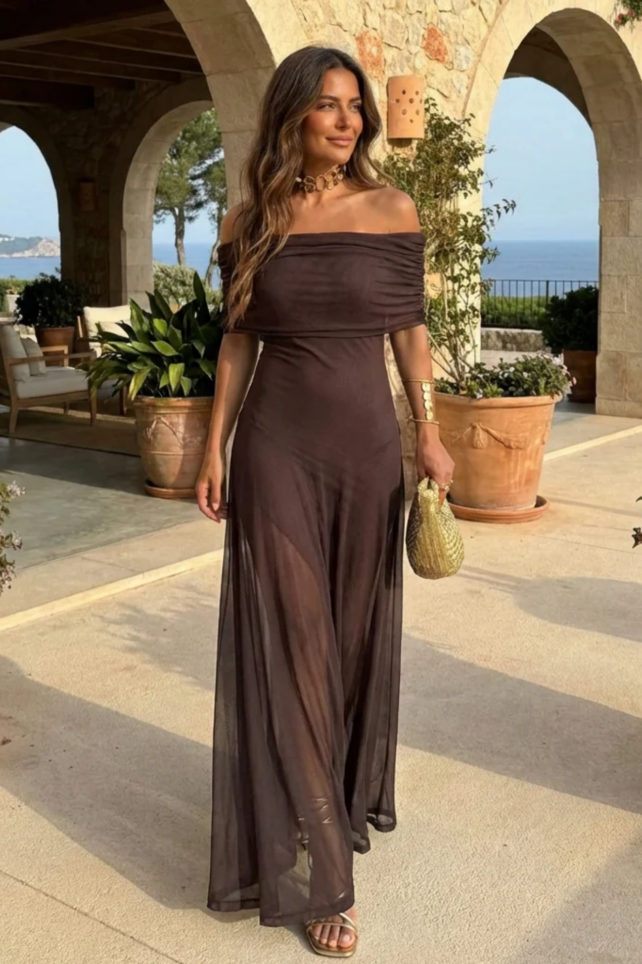 Robe Longue Femme Épaules Dénudées – Robe Élégante Fluide en Maille Transparente