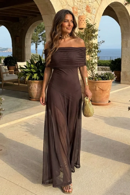 Robe Longue Femme Épaules Dénudées – Robe Élégante Fluide en Maille Transparente