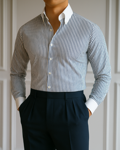 Chemise habillée rayée homme col contrasté – coupe ajustée business