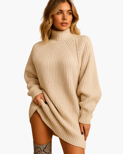 Robe Pull Femme à Col Montant et Manches Longues