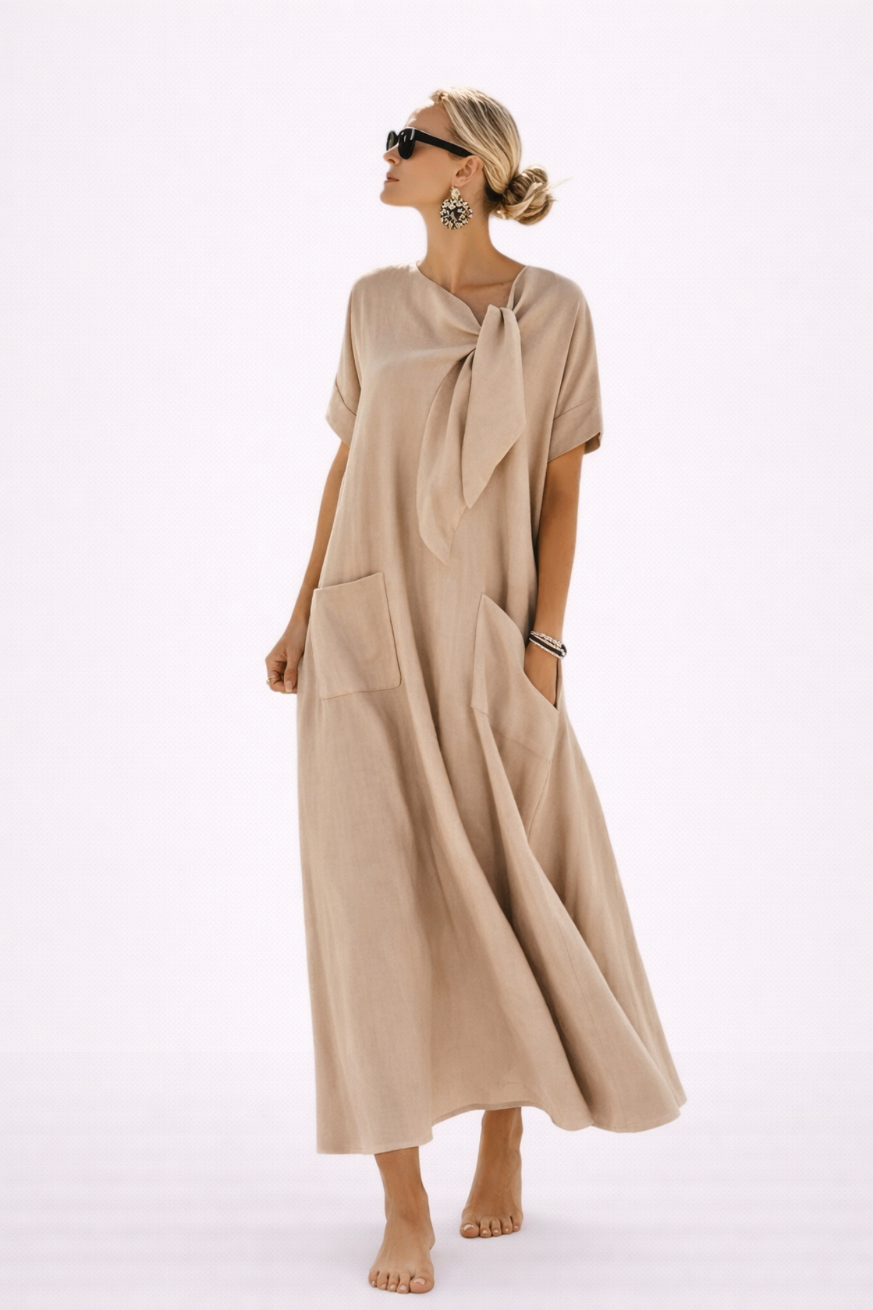 Robe Longue Femme Décontractée – Robe Fluide Avec Nœud et Grandes Poches