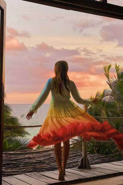 Robe Longue Femme Bohème Volantée – Robe Fluide Col V à Ourlet Asymétrique
