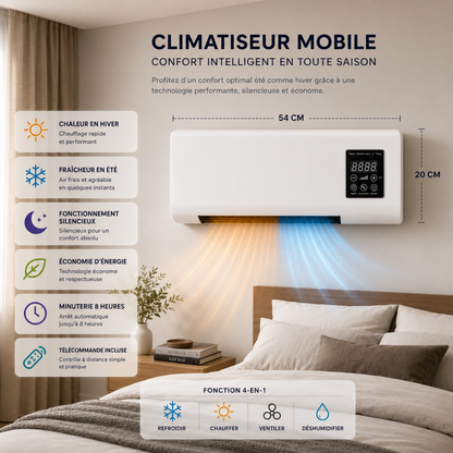 Climatiseur Mural Mobile 4-en-1 – Froid, Chaud, Ventilation & Déshumidification | Silencieux, Minuterie, LCD