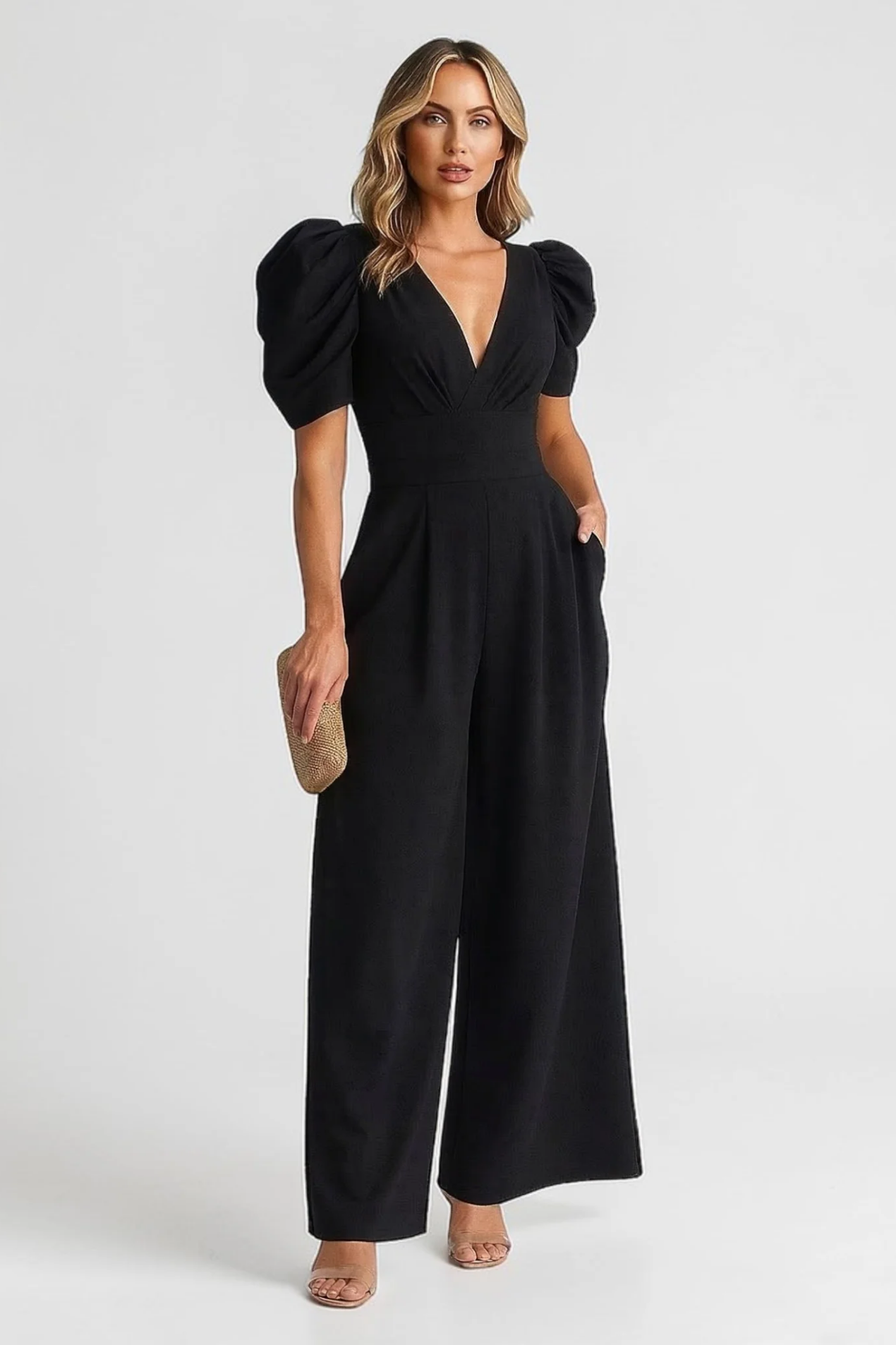 Combinaison Femme Élégante – Col V avec Manches Bouffantes et Jambes Larges